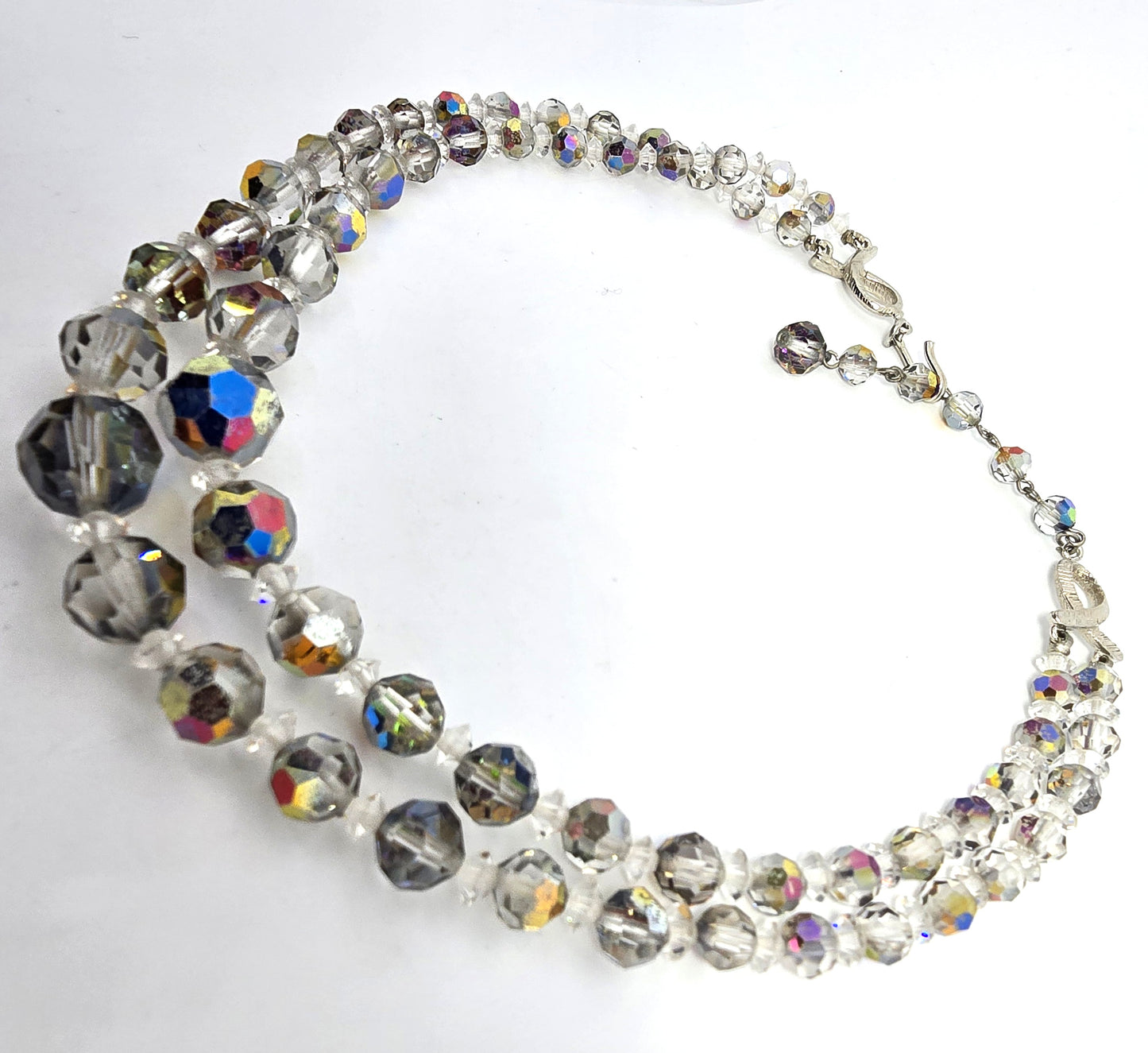 Austrian Crystal Silver Aurora Borealis graduated double strand vintage necklace