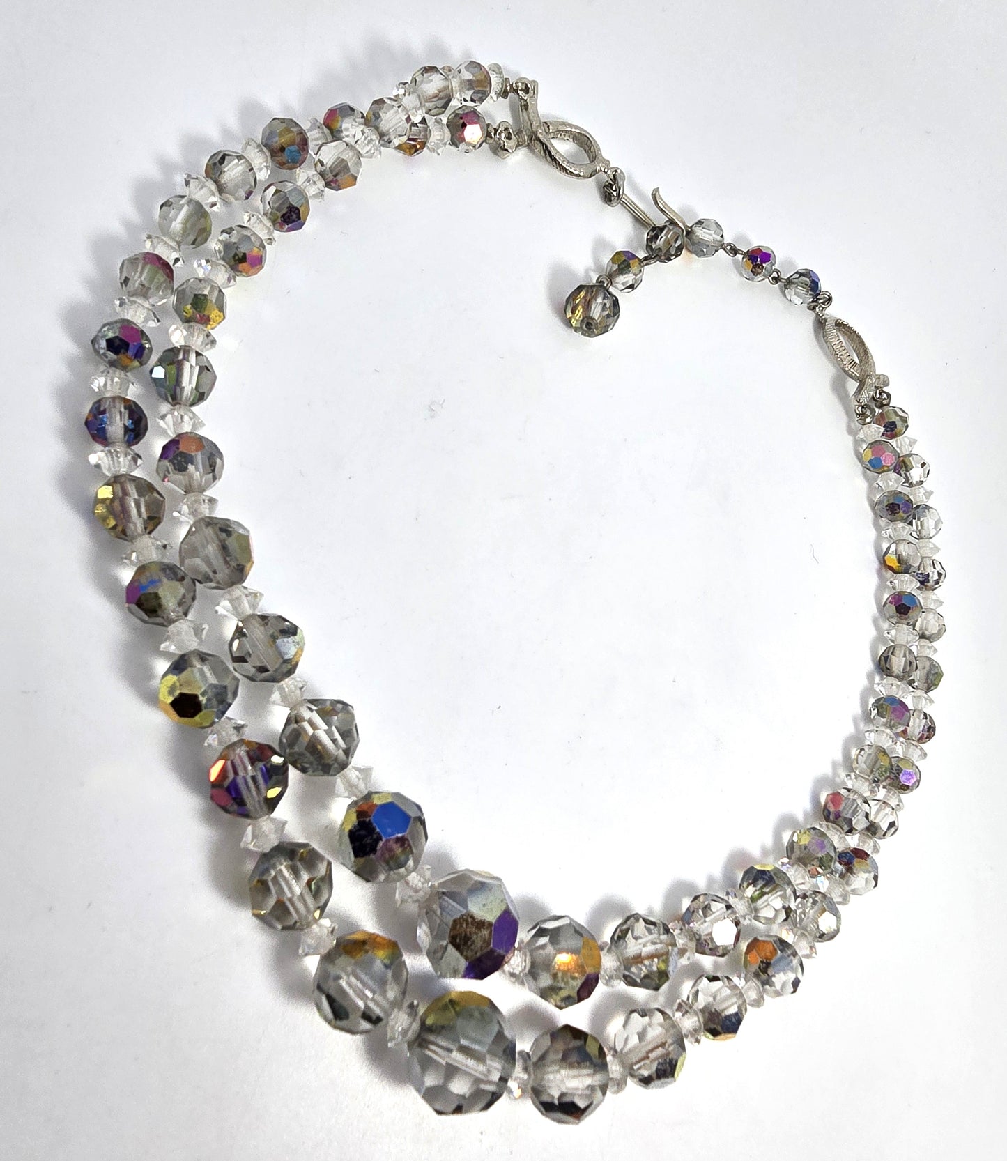 Austrian Crystal Silver Aurora Borealis graduated double strand vintage necklace