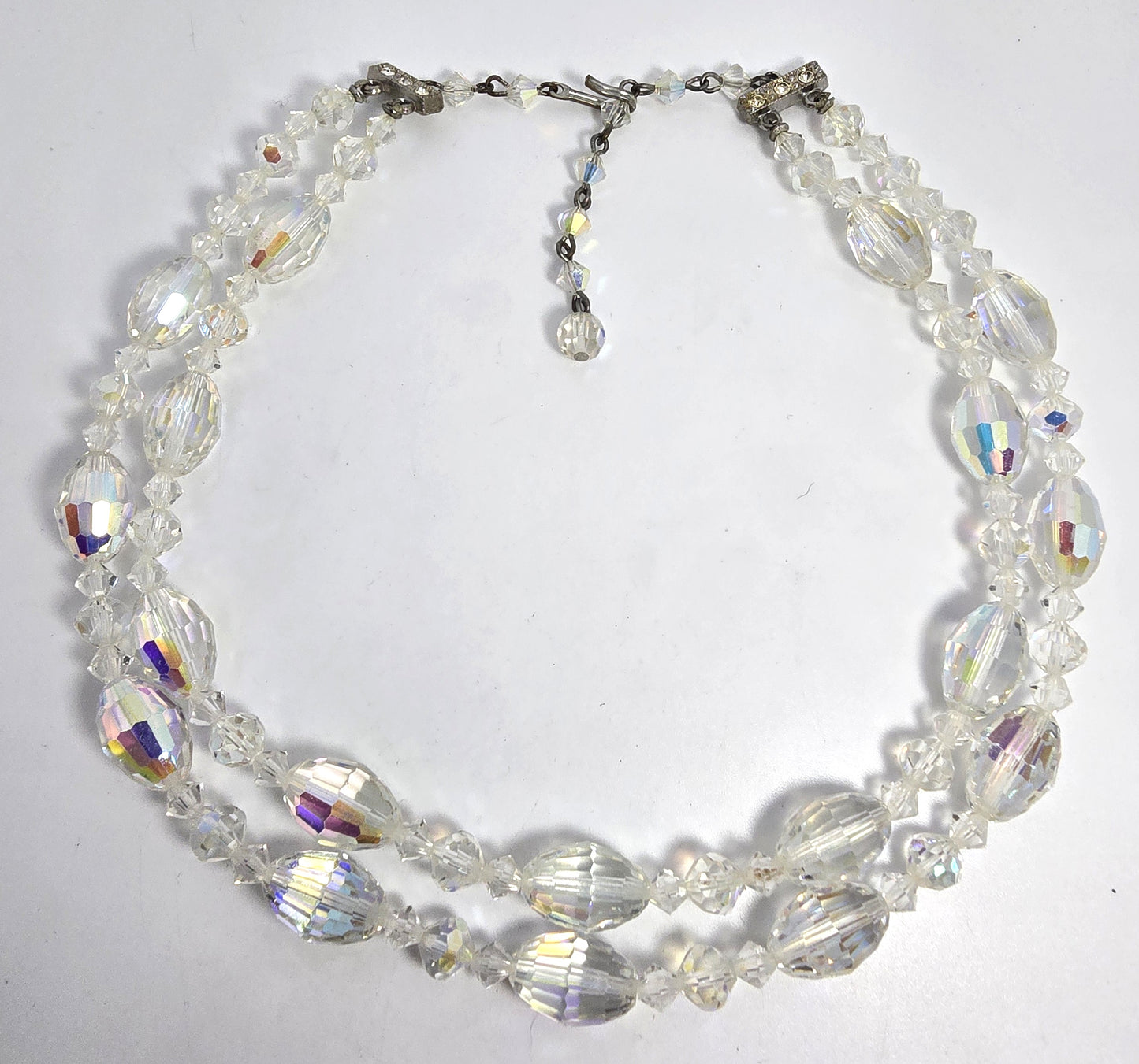 Austrian Crystal Aurora Borealis Barrel graduated double strand vintage necklace
