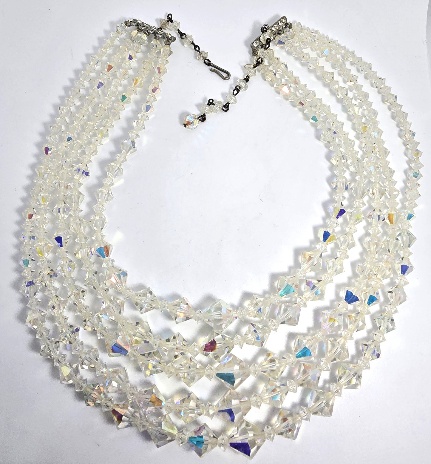 Five Strand Austrian Crystal Aurora borealis graduated bi-cone vintage necklace