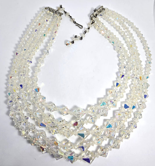 Five Strand Austrian Crystal Aurora borealis graduated bi-cone vintage necklace