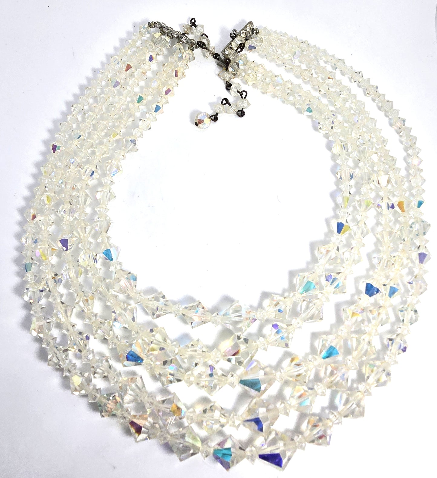 Five Strand Austrian Crystal Aurora borealis graduated bi-cone vintage necklace