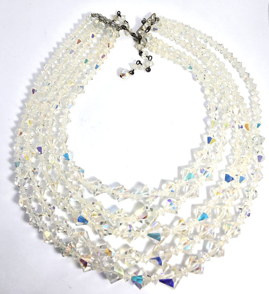 Five Strand Austrian Crystal Aurora borealis graduated bi-cone vintage necklace