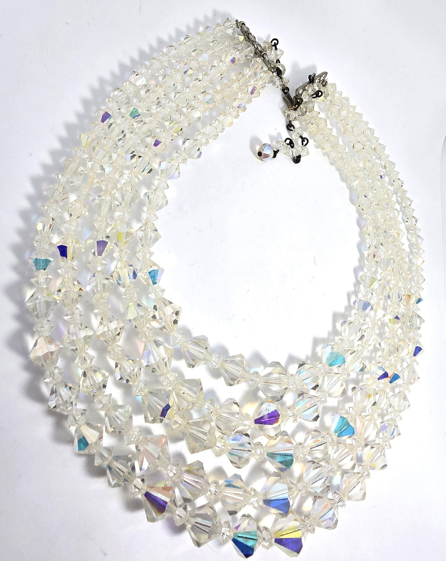 Five Strand Austrian Crystal Aurora borealis graduated bi-cone vintage necklace