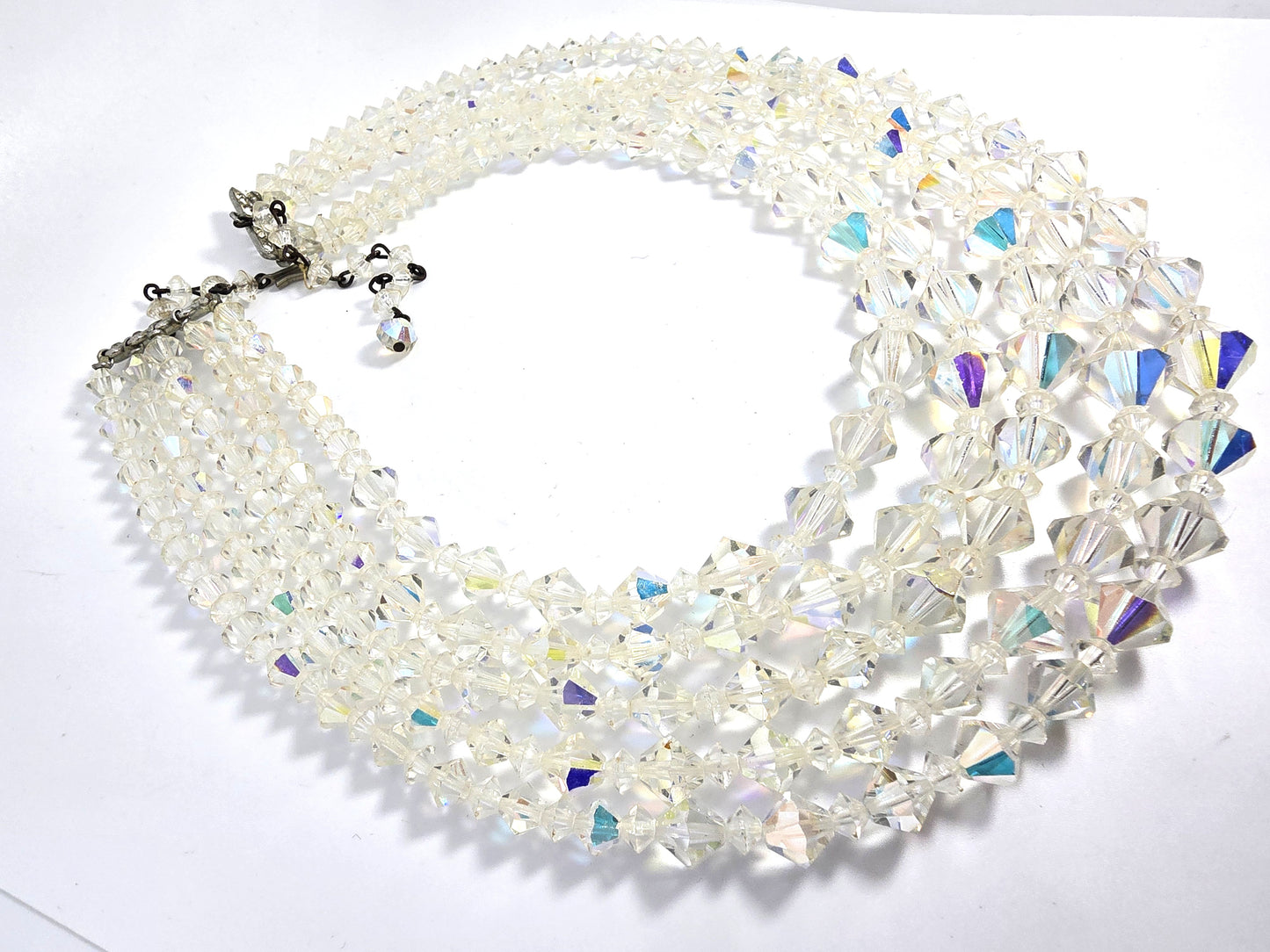 Five Strand Austrian Crystal Aurora borealis graduated bi-cone vintage necklace