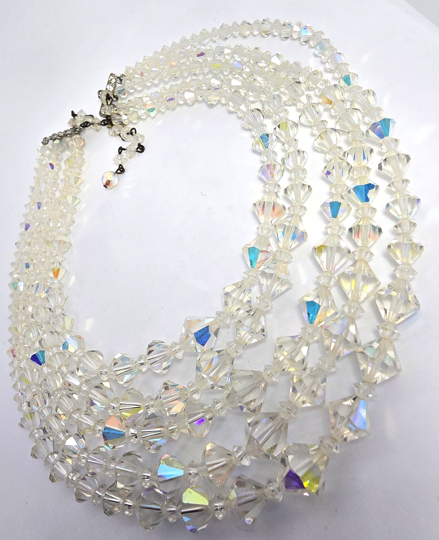Five Strand Austrian Crystal Aurora borealis graduated bi-cone vintage necklace