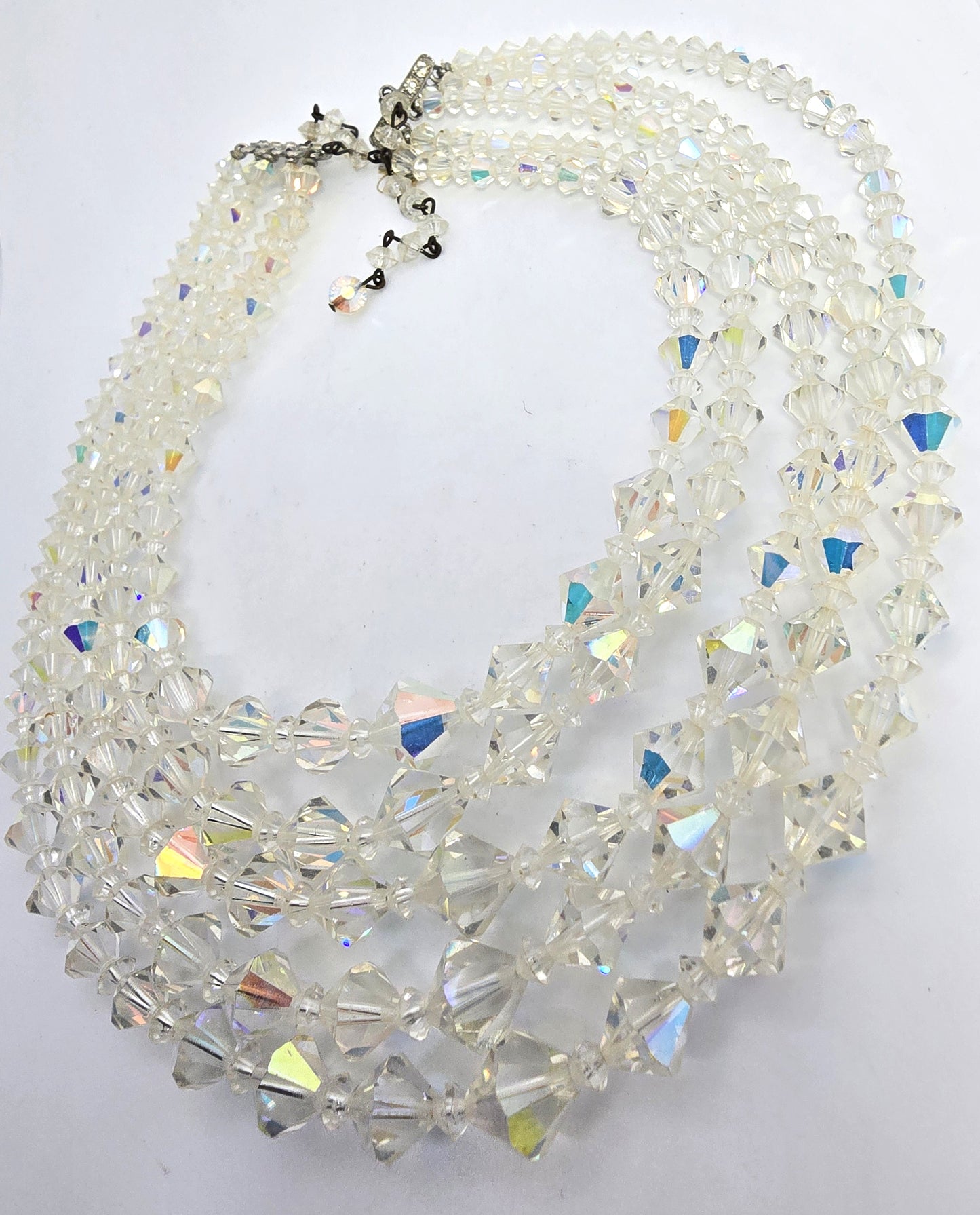 Five Strand Austrian Crystal Aurora borealis graduated bi-cone vintage necklace