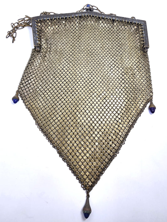 Art Deco Cobalt bullet glass mesh silver toned antique hand bag clutch purse