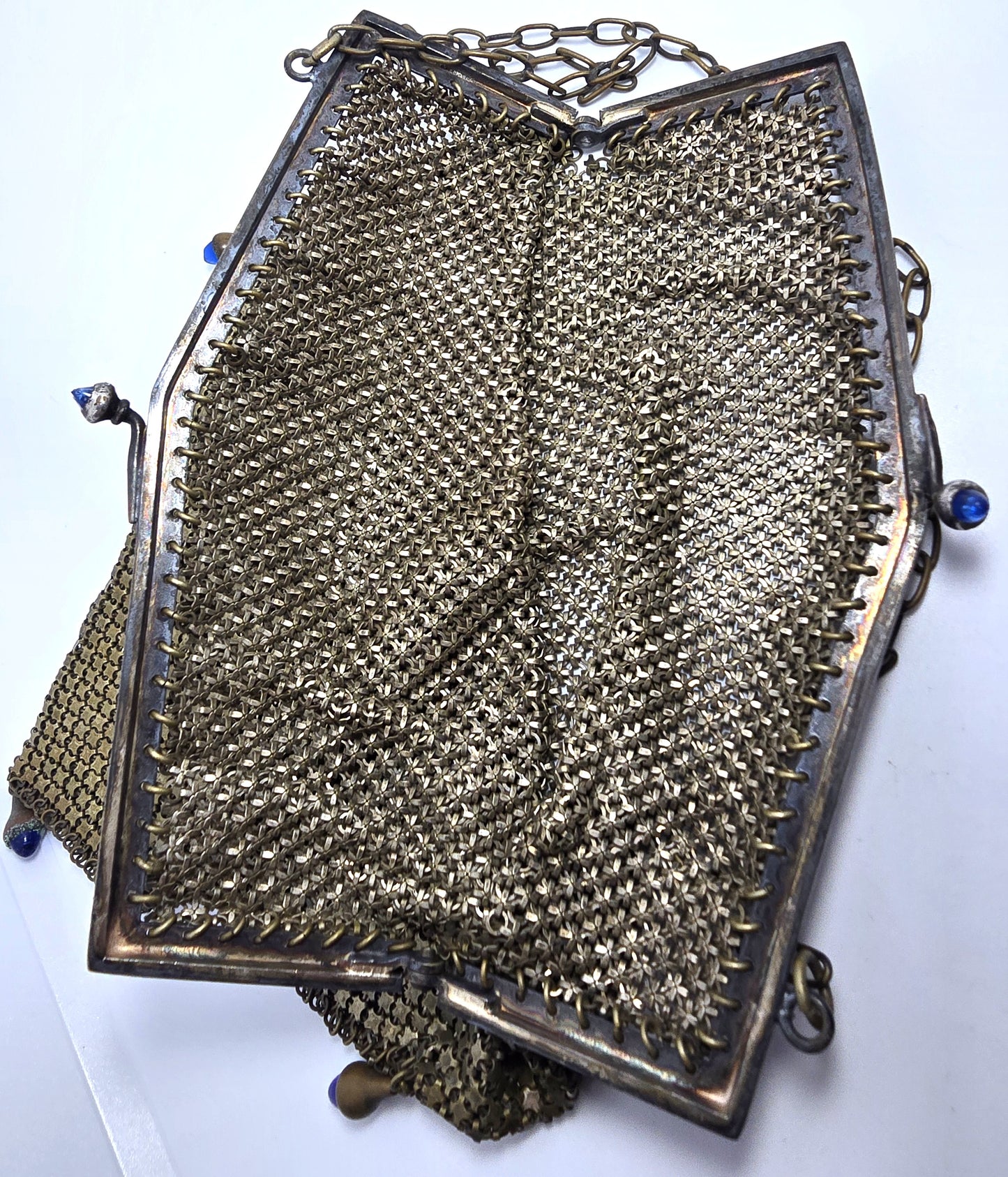 Art Deco Cobalt bullet glass mesh silver toned antique hand bag clutch purse