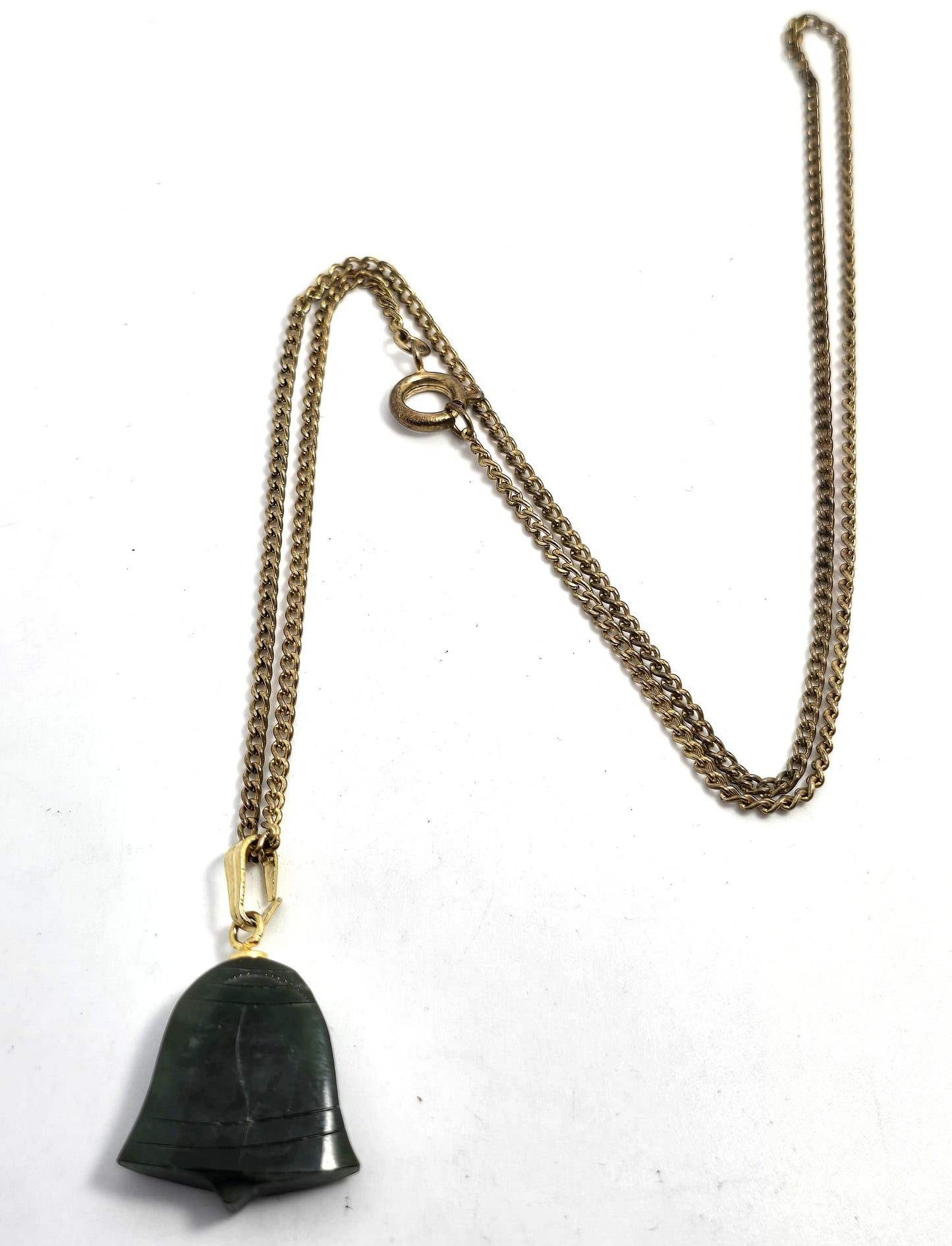 Nephrite Jade green gemstone carved bell gold toned vintage necklace