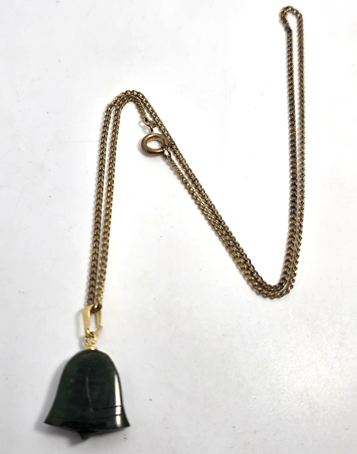 Nephrite Jade green gemstone carved bell gold toned vintage necklace