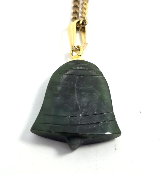 Nephrite Jade green gemstone carved bell gold toned vintage necklace