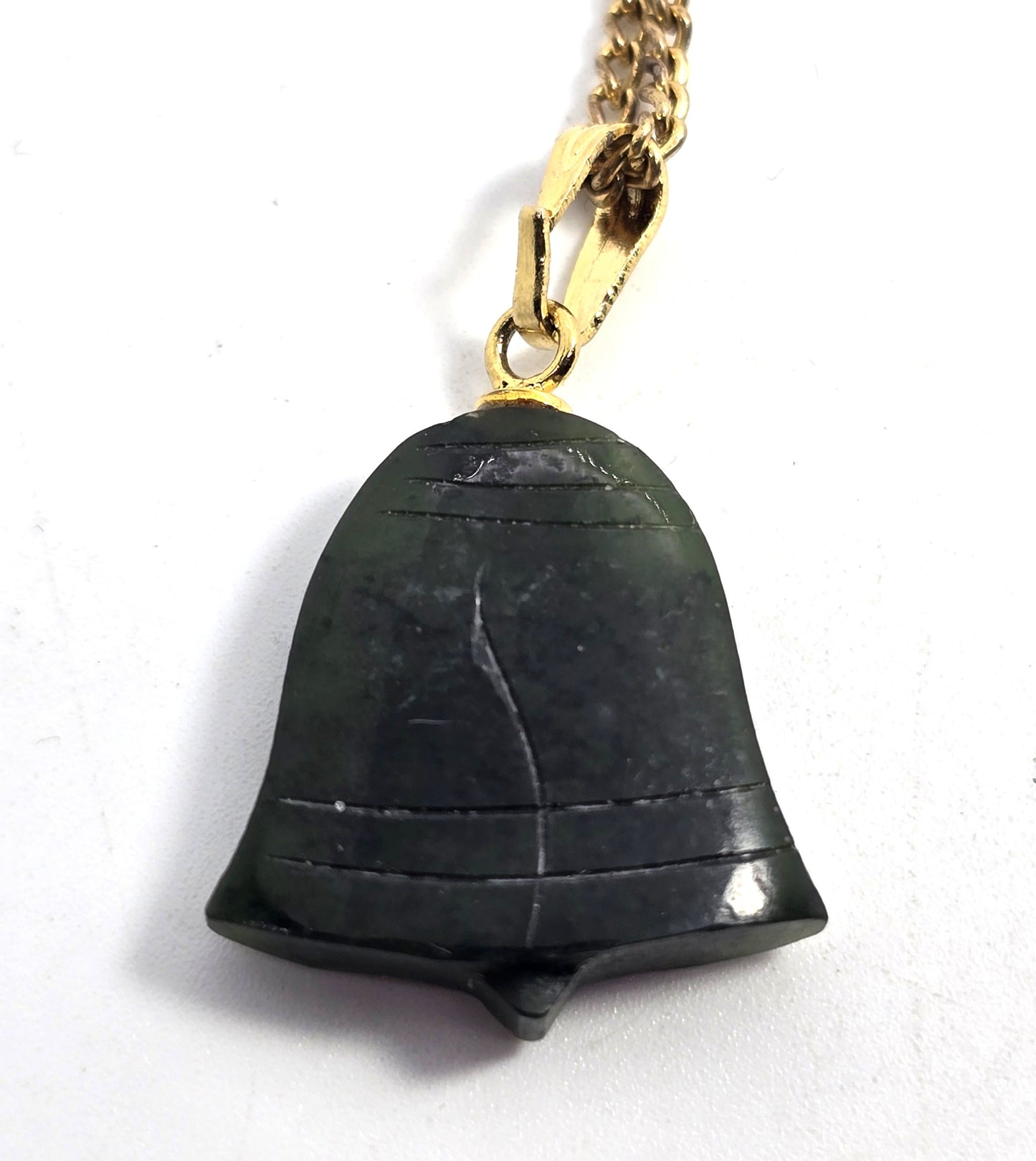 Nephrite Jade green gemstone carved bell gold toned vintage necklace