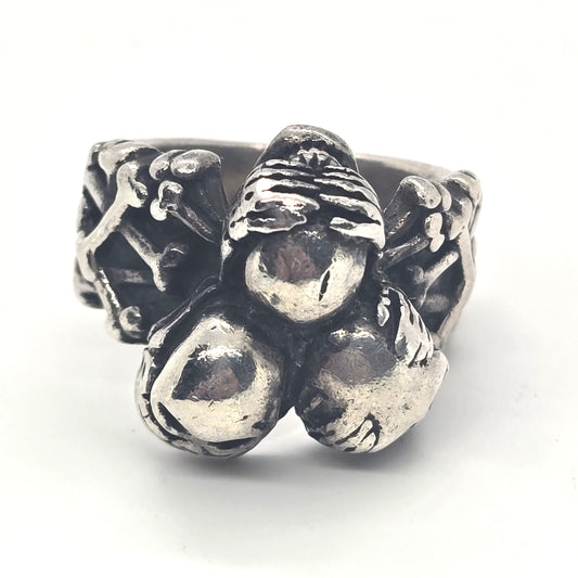Skull Cross hear no see no speak no evil thick vintage sterling silver ring size 10