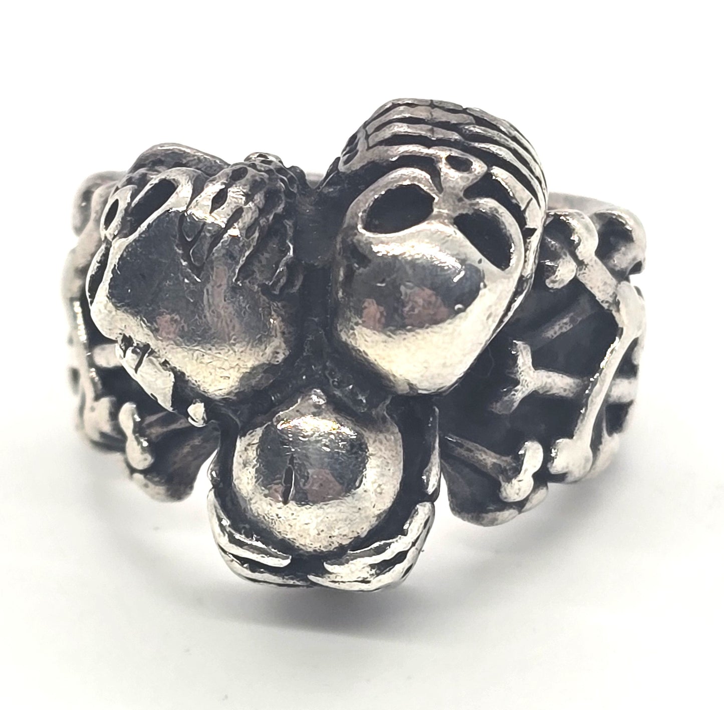 Skull Cross hear no see no speak no evil thick vintage sterling silver ring size 10