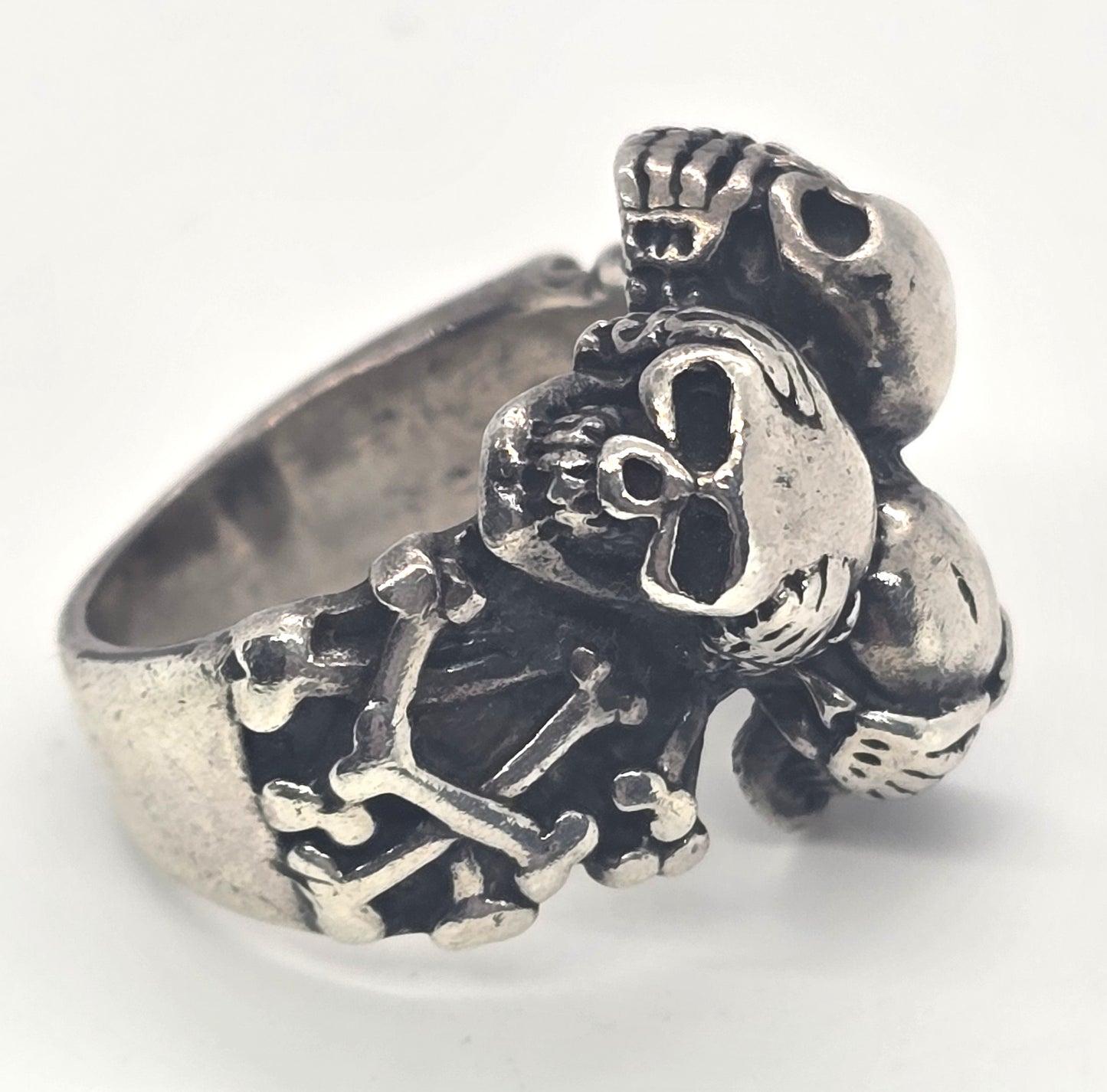 Skull Cross hear no see no speak no evil thick vintage sterling silver ring size 10