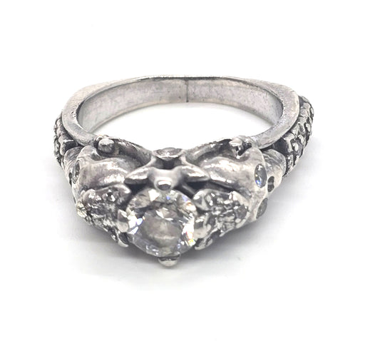 Double skull CZ Cubic Zirconia solid sterling silver gothic engagement ring size 7.5