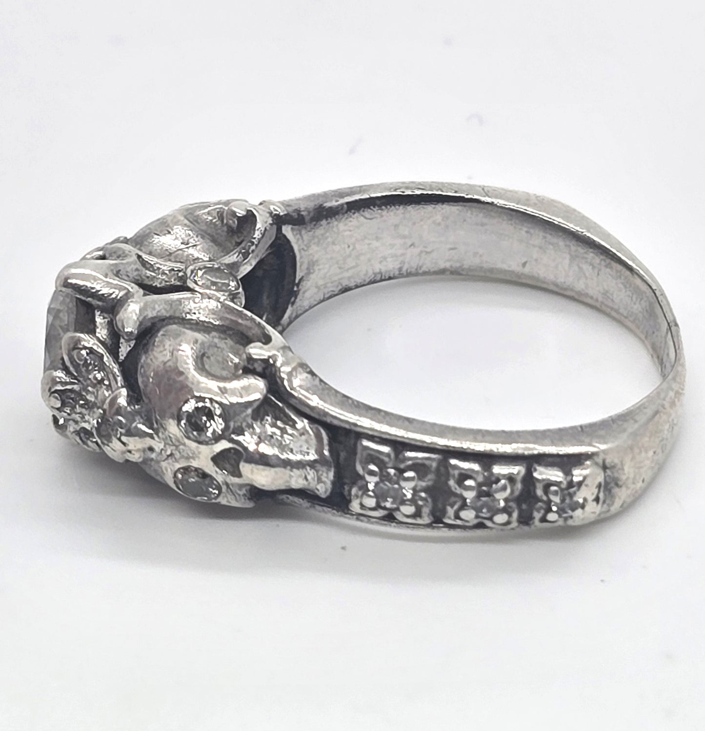 Double skull CZ Cubic Zirconia solid sterling silver gothic engagement ring size 7.5