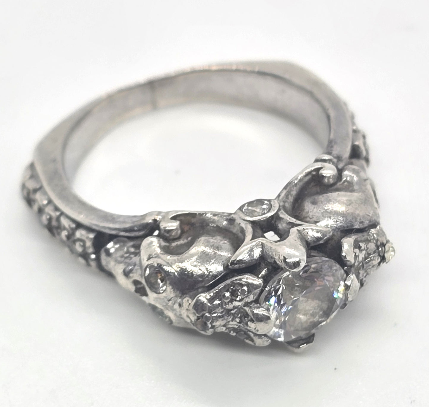 Double skull CZ Cubic Zirconia solid sterling silver gothic engagement ring size 7.5