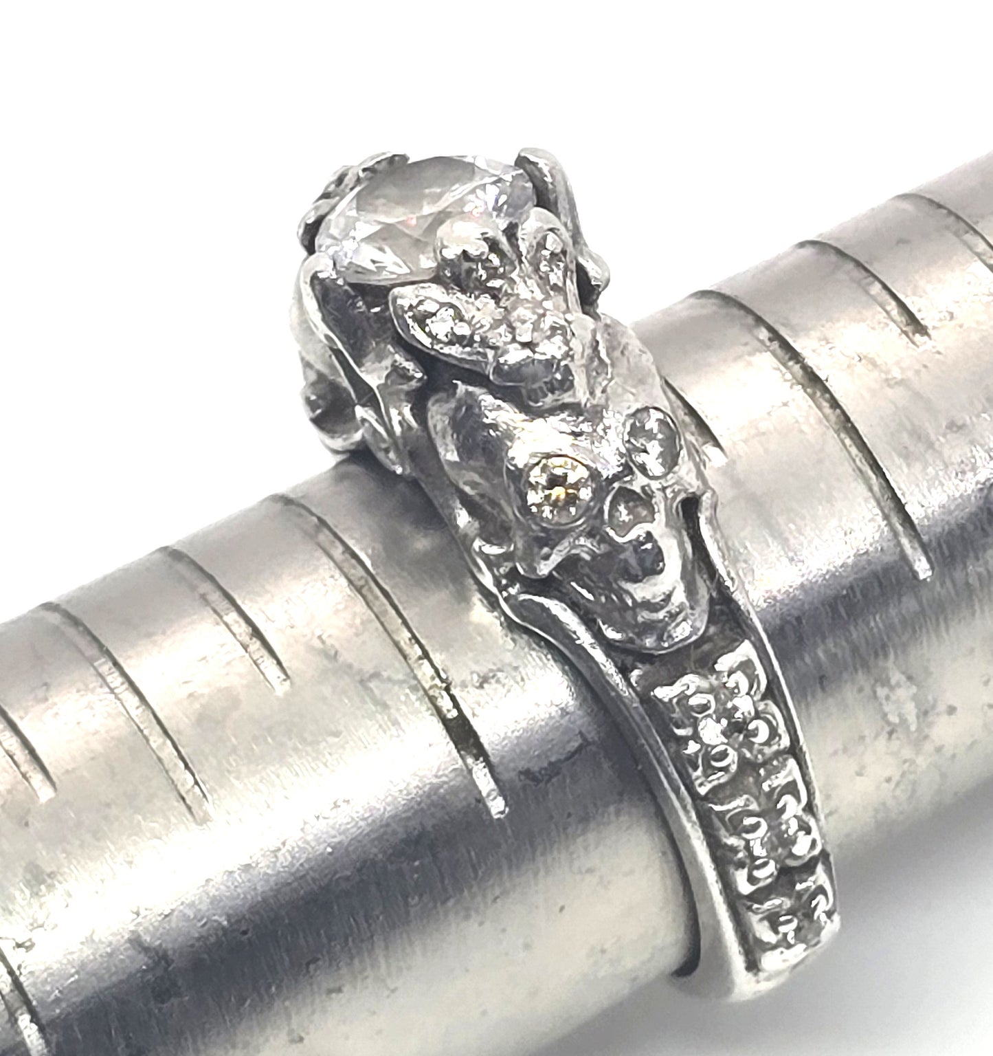 Double skull CZ Cubic Zirconia solid sterling silver gothic engagement ring size 7.5