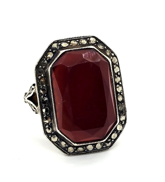 Art Deco Antique Carnelian marcasite sterling silver vintage ring size 4
