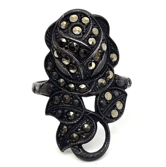Uncas Art Deco marcasite rose flower vintage sterling silver ring size 7