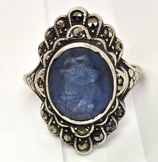 Art Deco Antique Blue Paste marcasite sterling silver vintage ring size 4.5
