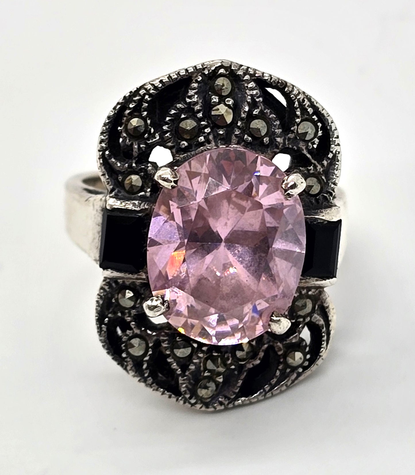 Art Deco style Pink and black cubic zirconia marcasite sterling silver ring size 7