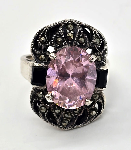 Art Deco style Pink and black cubic zirconia marcasite sterling silver ring size 7