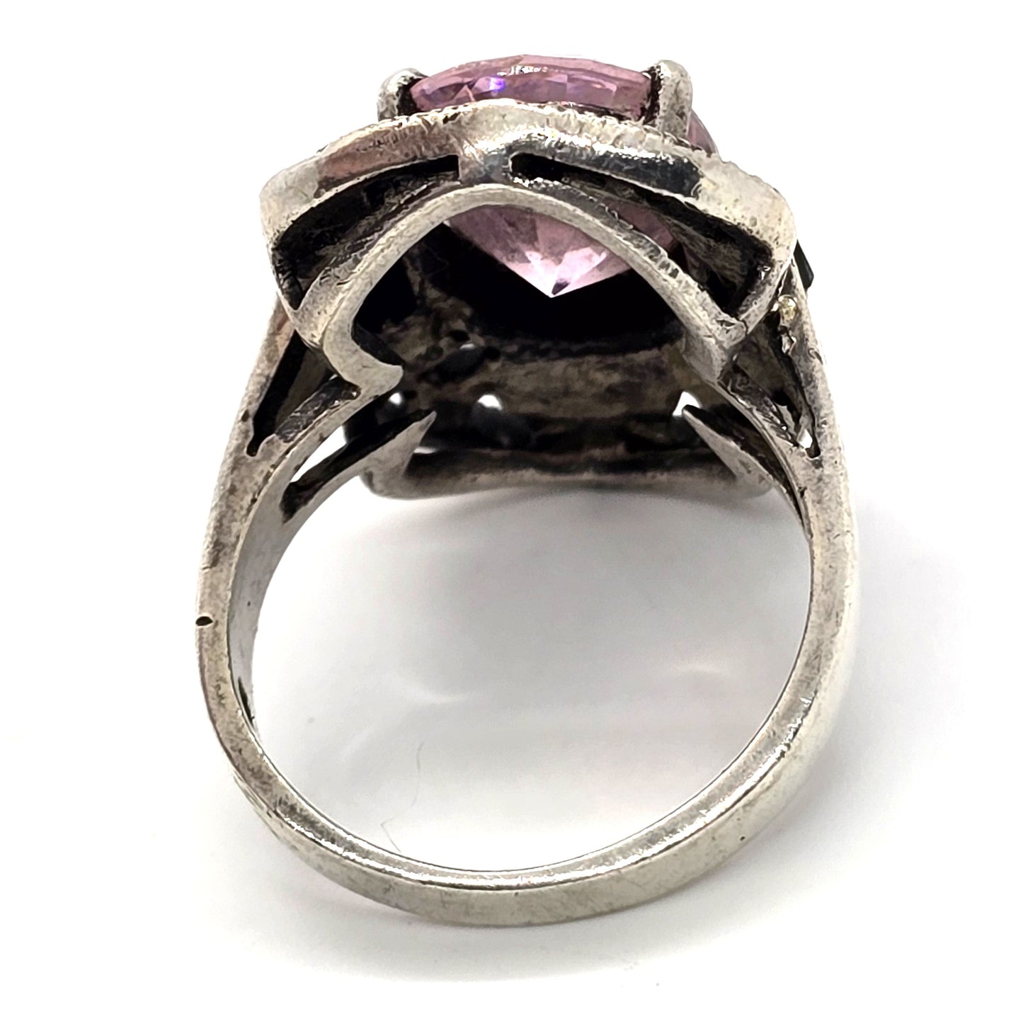 Art Deco style Pink and black cubic zirconia marcasite sterling silver ring size 7