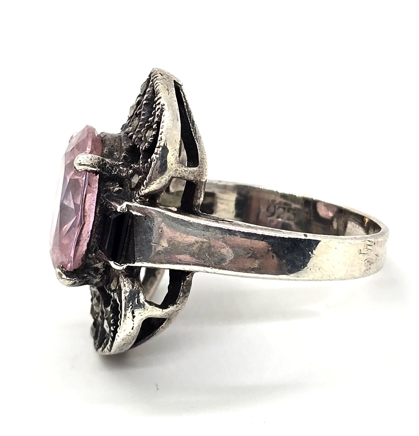 Art Deco style Pink and black cubic zirconia marcasite sterling silver ring size 7