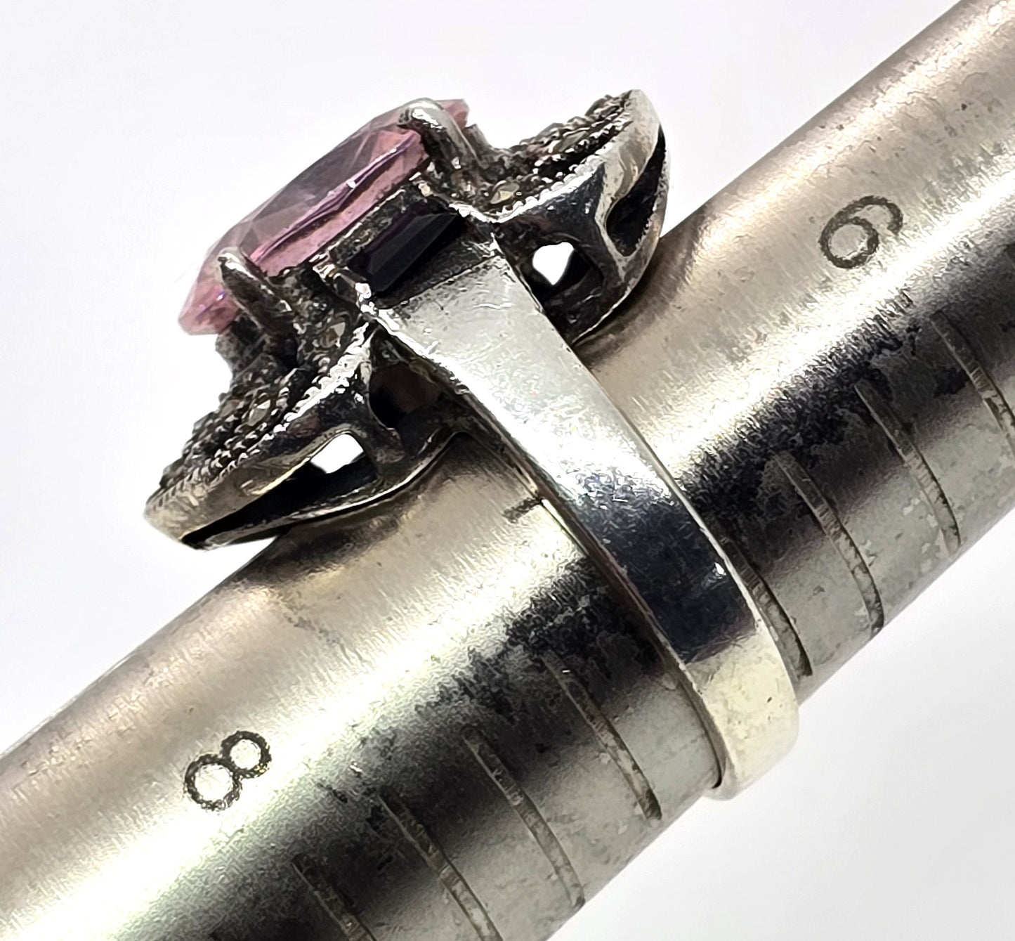 Art Deco style Pink and black cubic zirconia marcasite sterling silver ring size 7