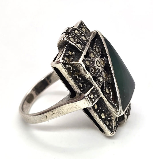 Art Deco Green Chrysoprase marcasite flower sterling silver vintage ring size 6