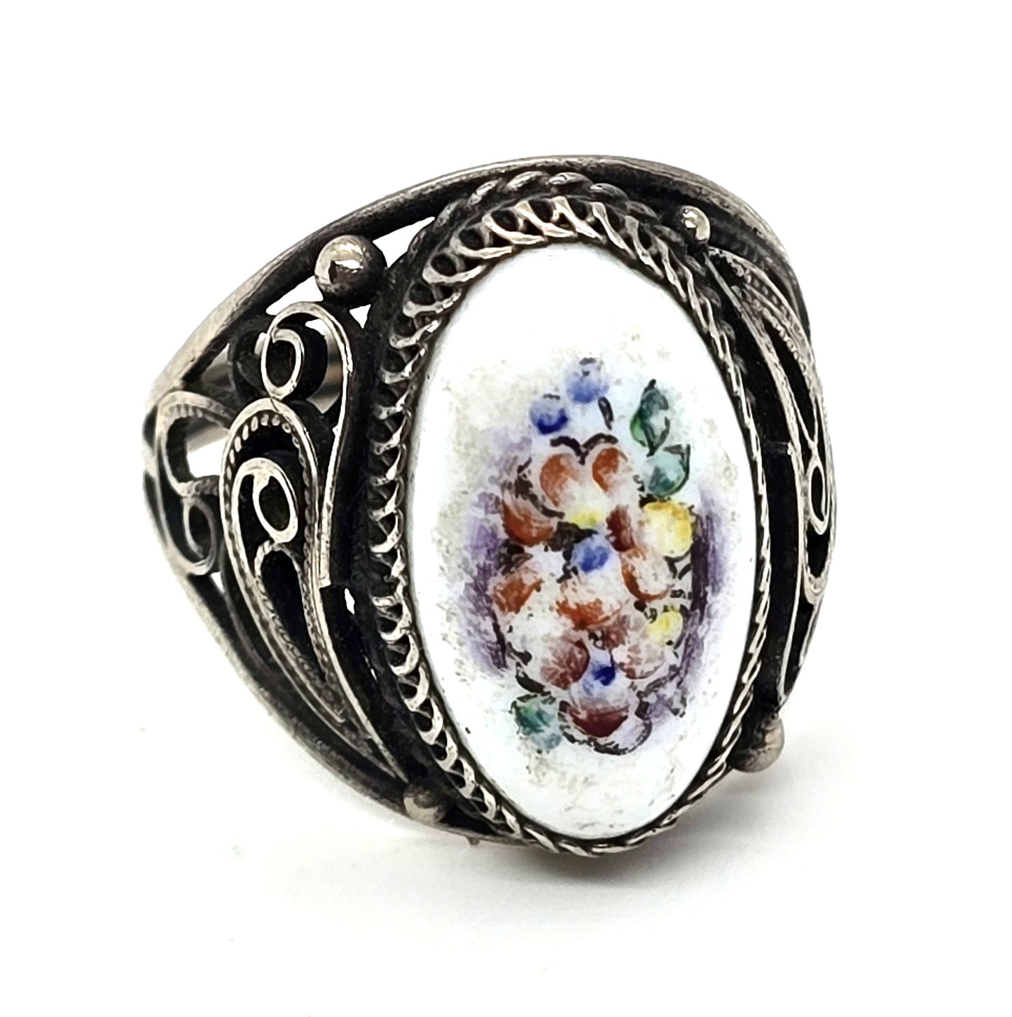 Persian antique enamel hand painted flower sterling silver ring size 7