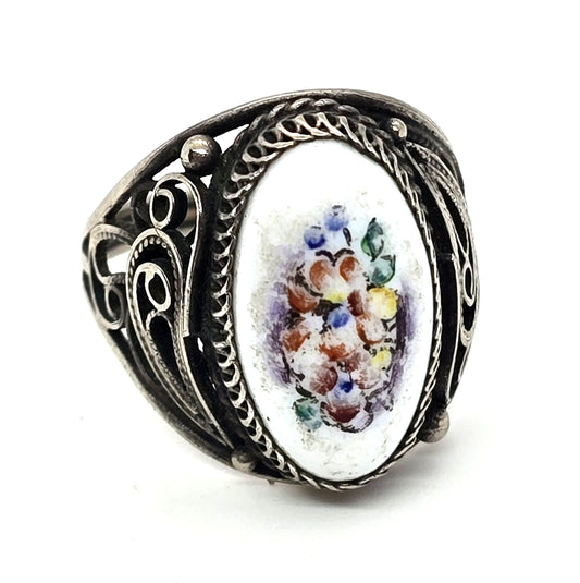 Persian antique enamel hand painted flower sterling silver ring size 7