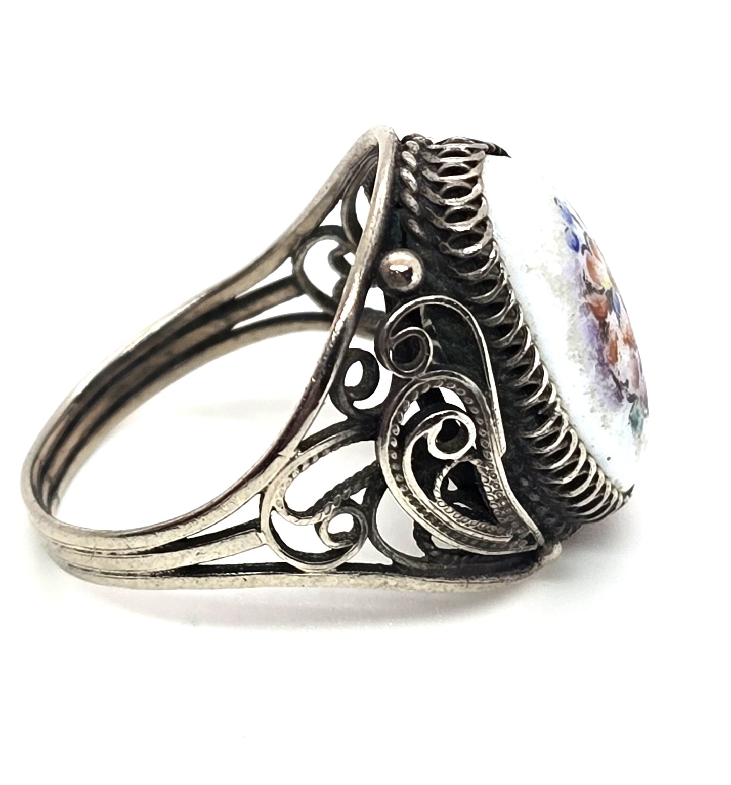 Persian antique enamel hand painted flower sterling silver ring size 7