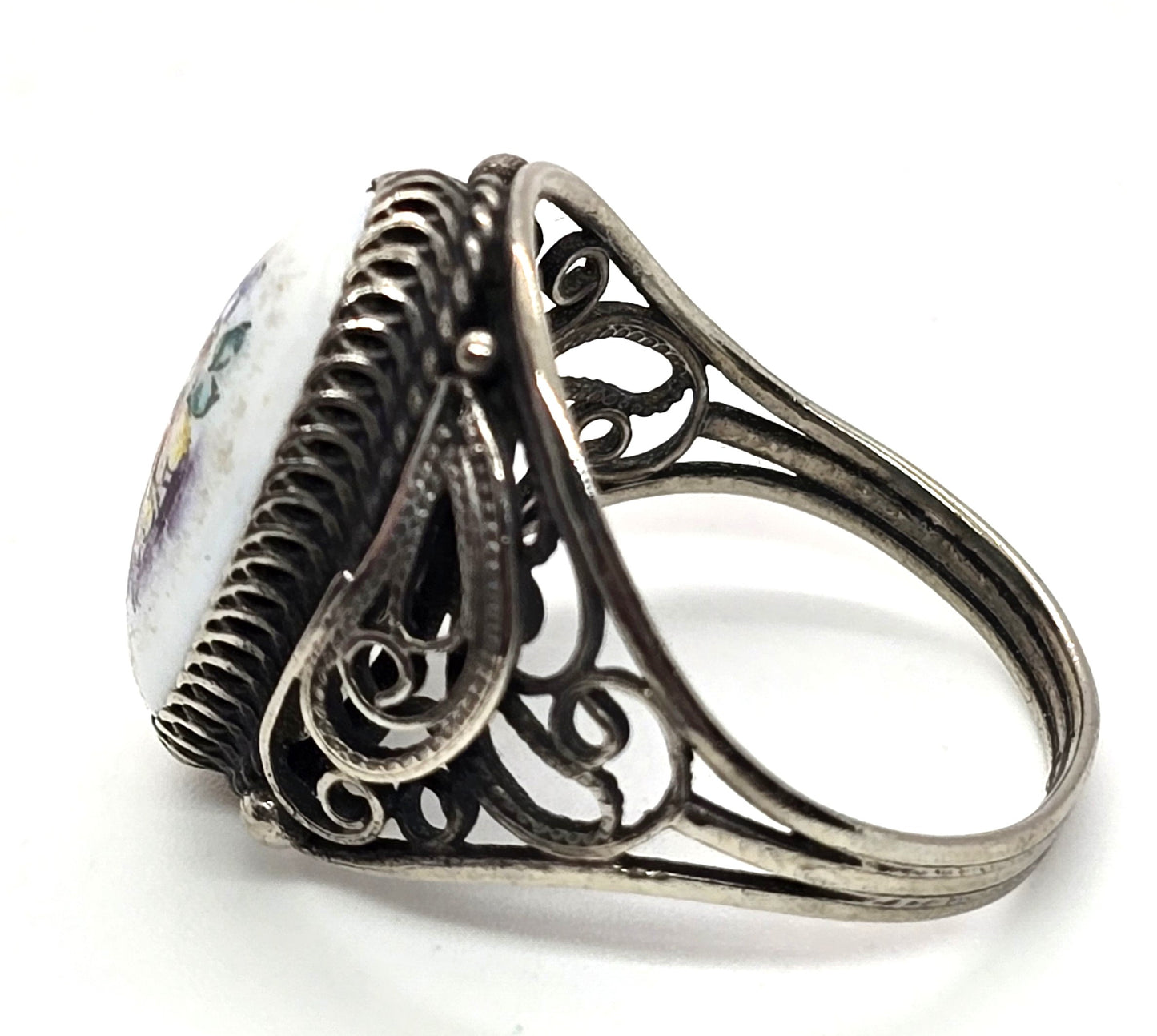 Persian antique enamel hand painted flower sterling silver ring size 7
