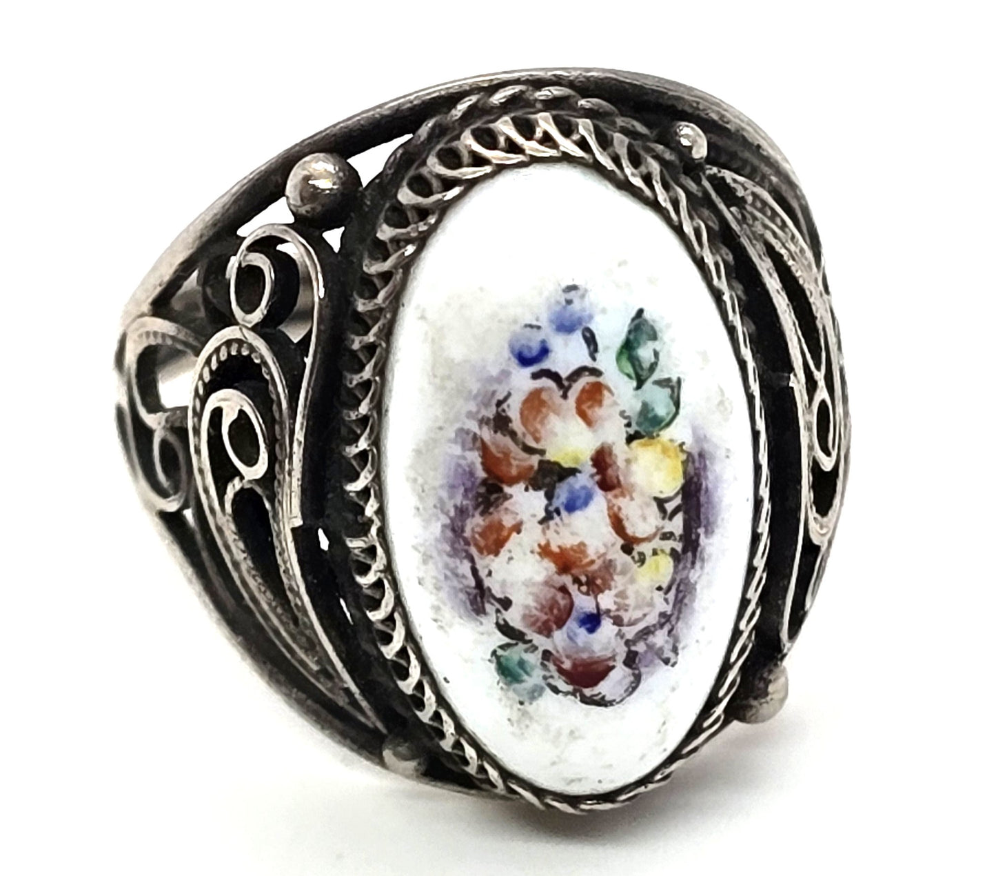 Persian antique enamel hand painted flower sterling silver ring size 7