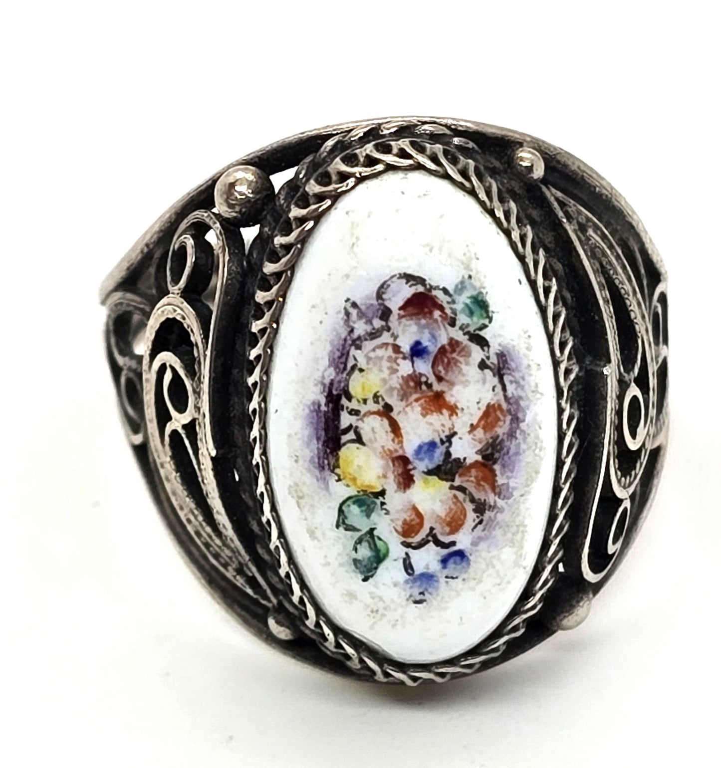 Persian antique enamel hand painted flower sterling silver ring size 7