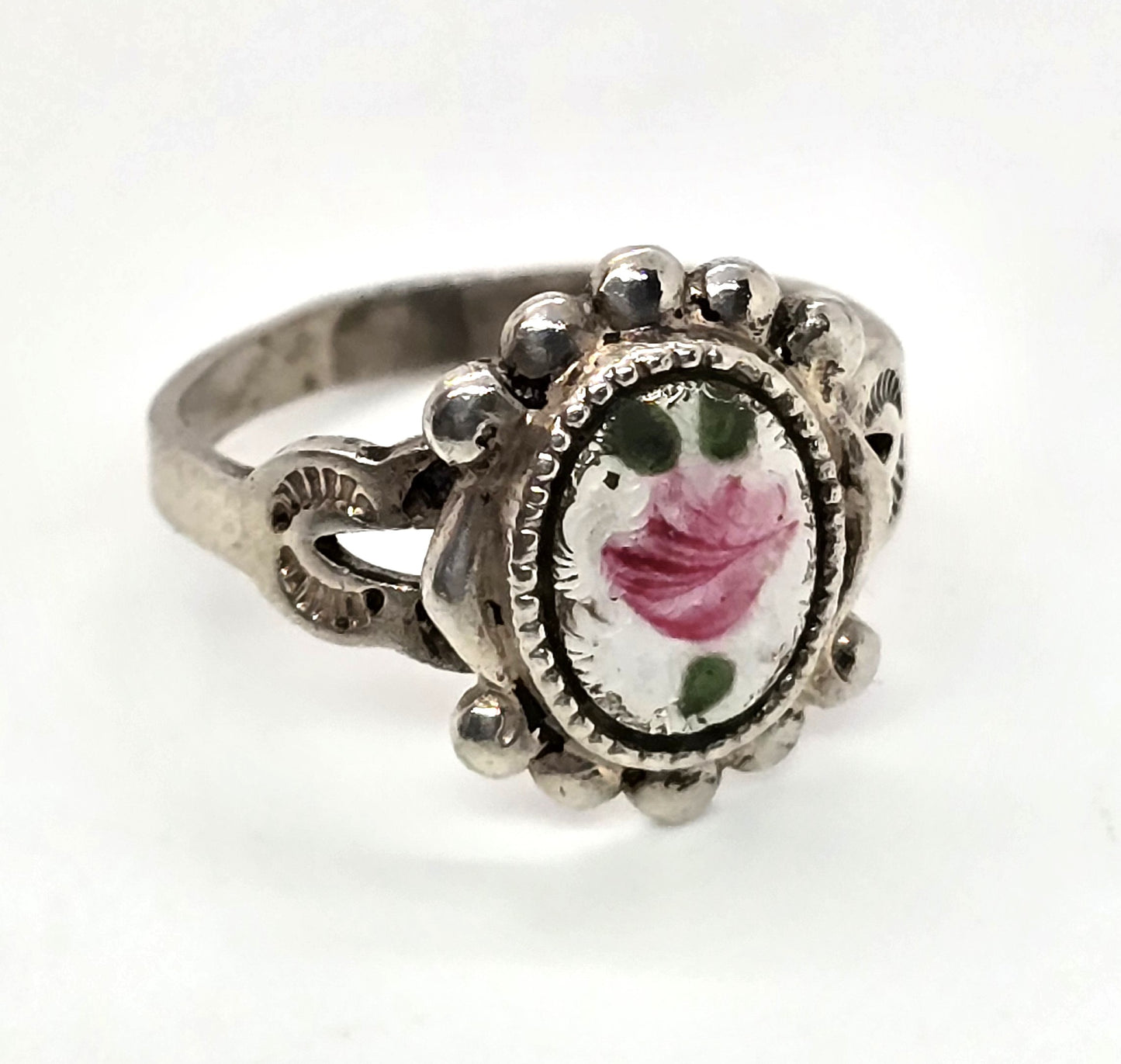 White Guilloche pink rose vintage mid century sterling silver ring size 6