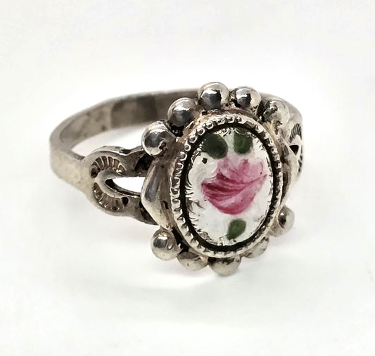 White Guilloche pink rose vintage mid century sterling silver ring size 6