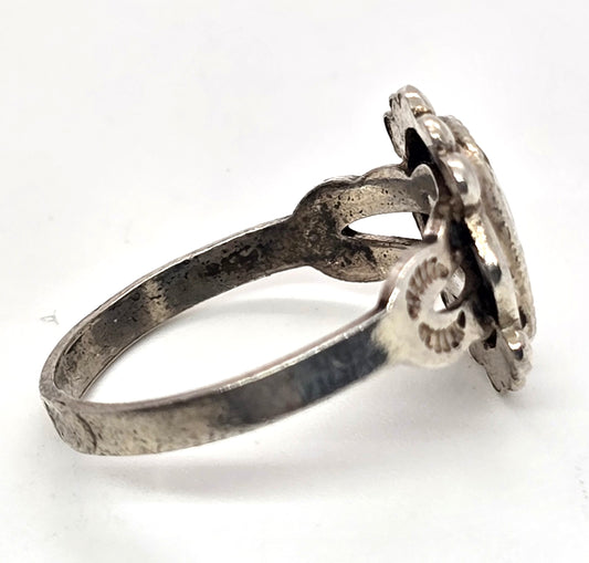 White Guilloche pink rose vintage mid century sterling silver ring size 6