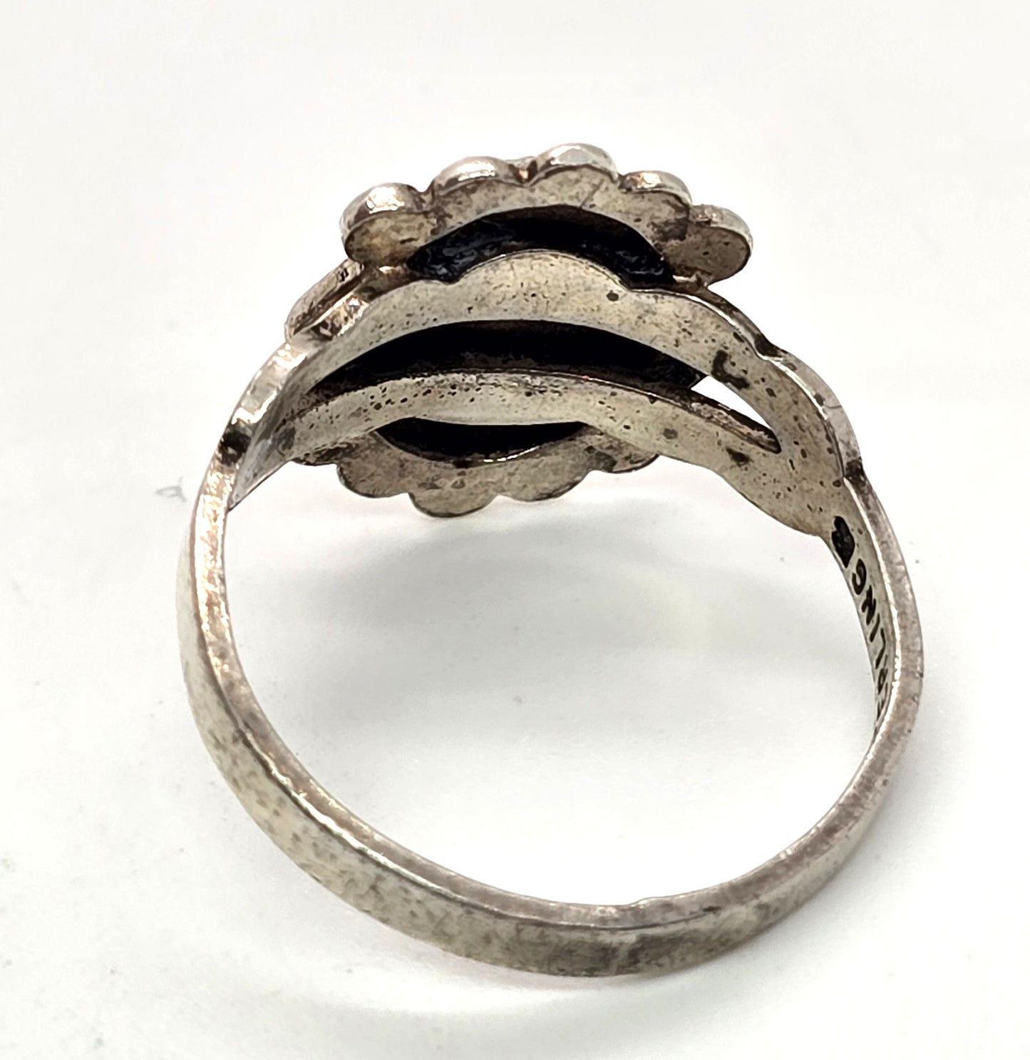White Guilloche pink rose vintage mid century sterling silver ring size 6
