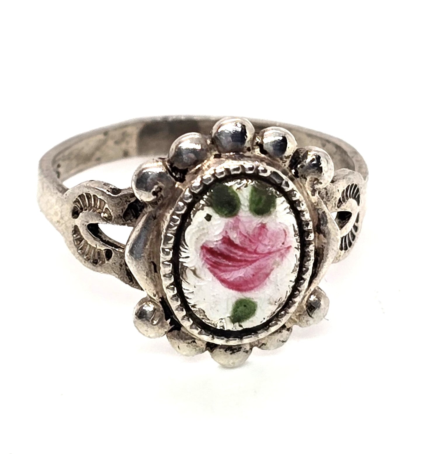 White Guilloche pink rose vintage mid century sterling silver ring size 6