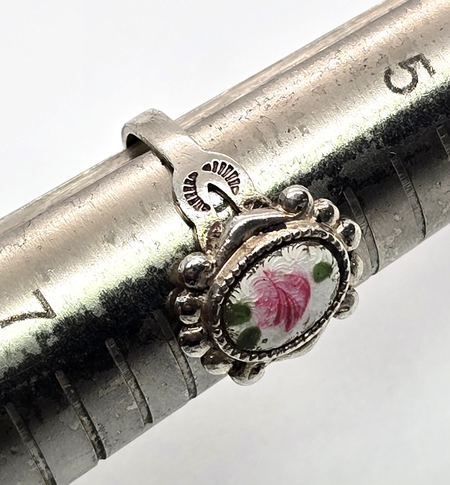 White Guilloche pink rose vintage mid century sterling silver ring size 6