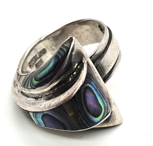 Abalone Wave Taxco eagle mark 3 Mexico sterling silver vintage ring size 6.5