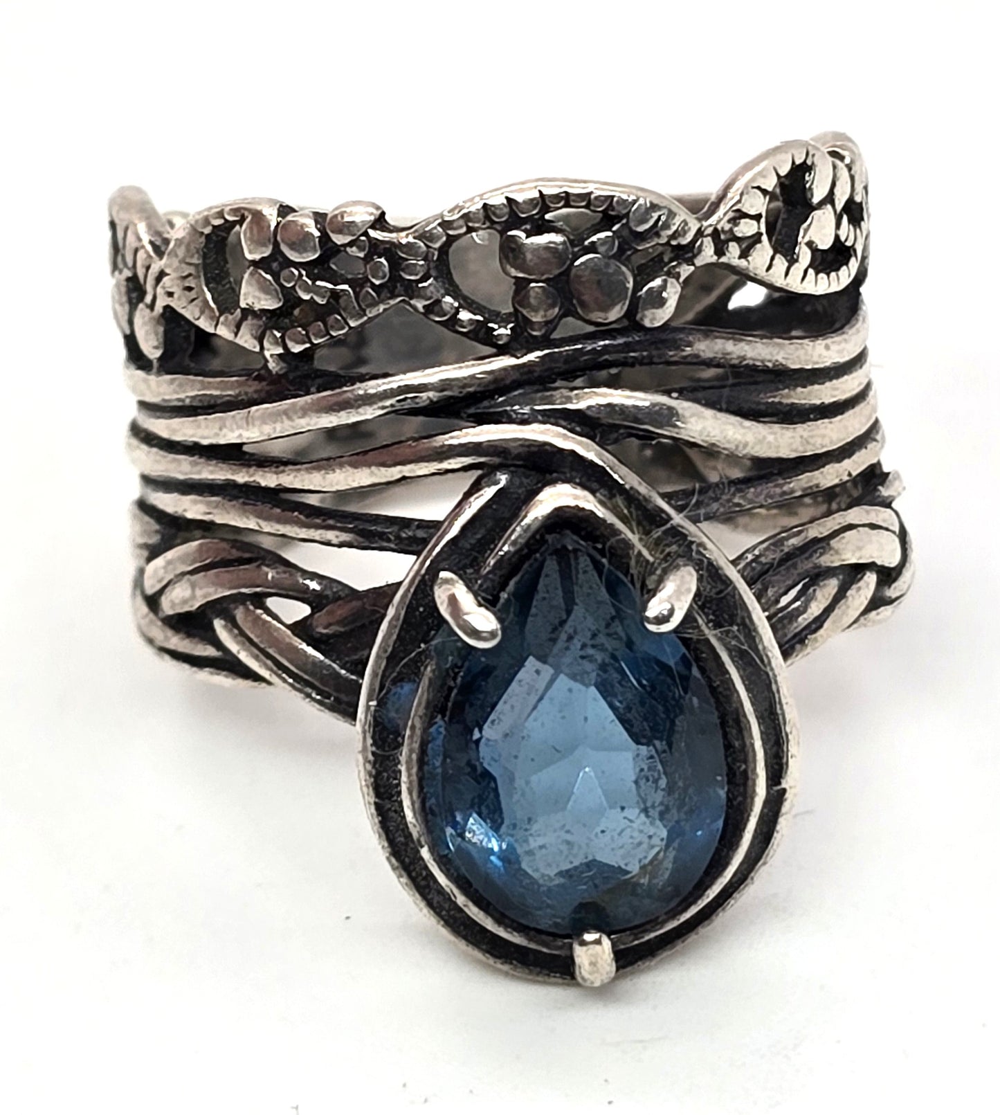 Or Paz PZ Israel Hammered Sterling Silver pear cut blue topaz ring size 7