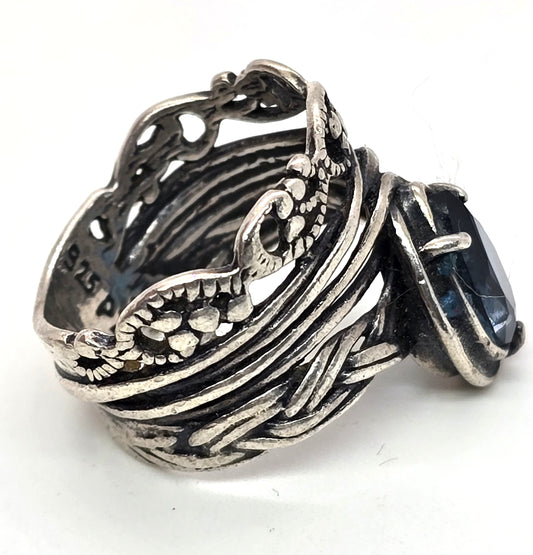Or Paz PZ Israel Hammered Sterling Silver pear cut blue topaz ring size 7