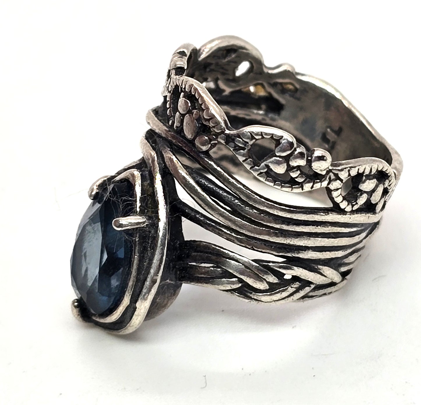 Or Paz PZ Israel Hammered Sterling Silver pear cut blue topaz ring size 7
