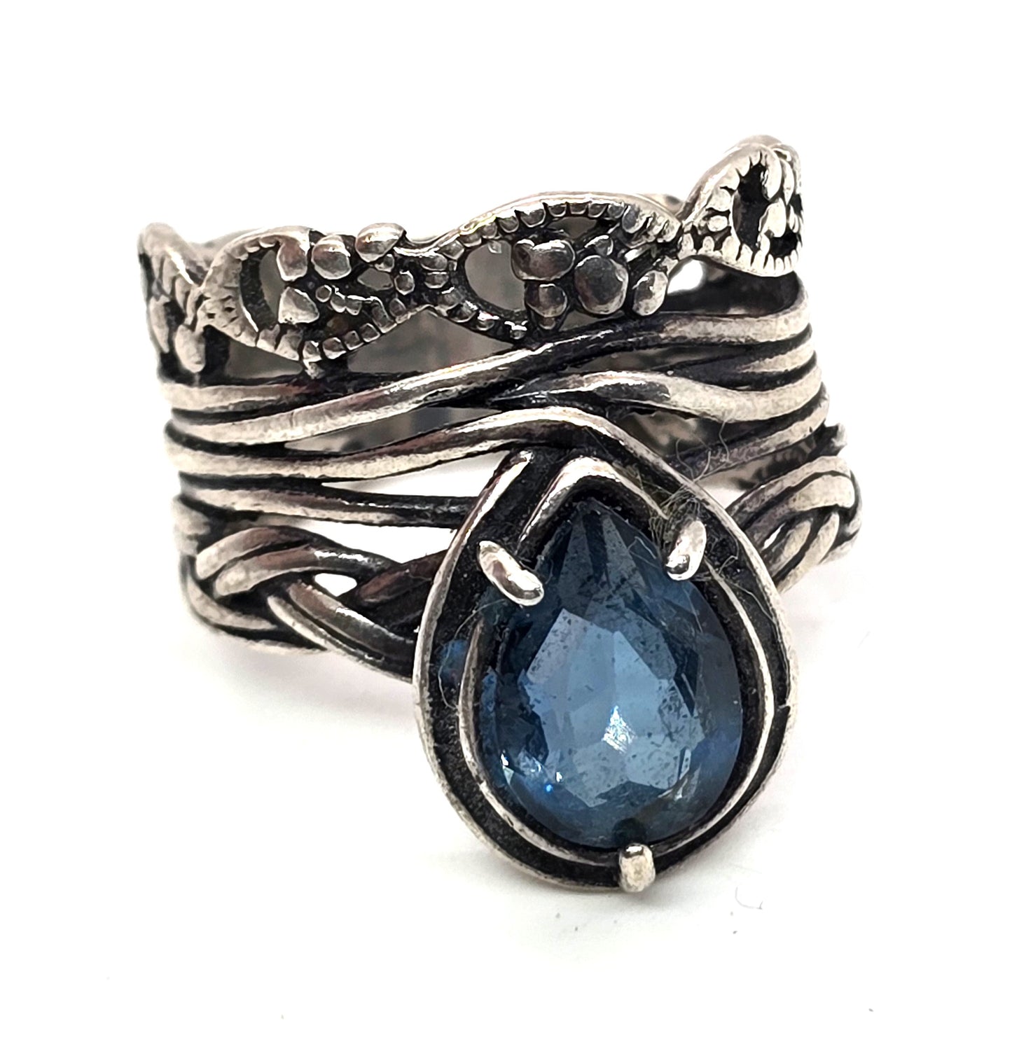 Or Paz PZ Israel Hammered Sterling Silver pear cut blue topaz ring size 7